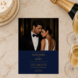 Elegant Modern Navy Blue Photo Wedding Invitation