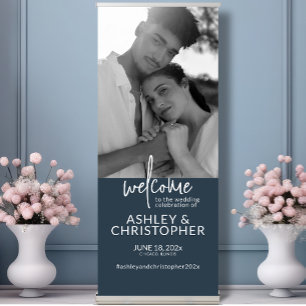 Elegant Modern Navy Blue Photo Wedding Welcome Retractable Banner