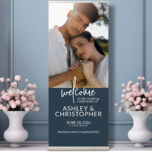 Elegant Modern Navy Blue Photo Wedding Welcome Retractable Banner