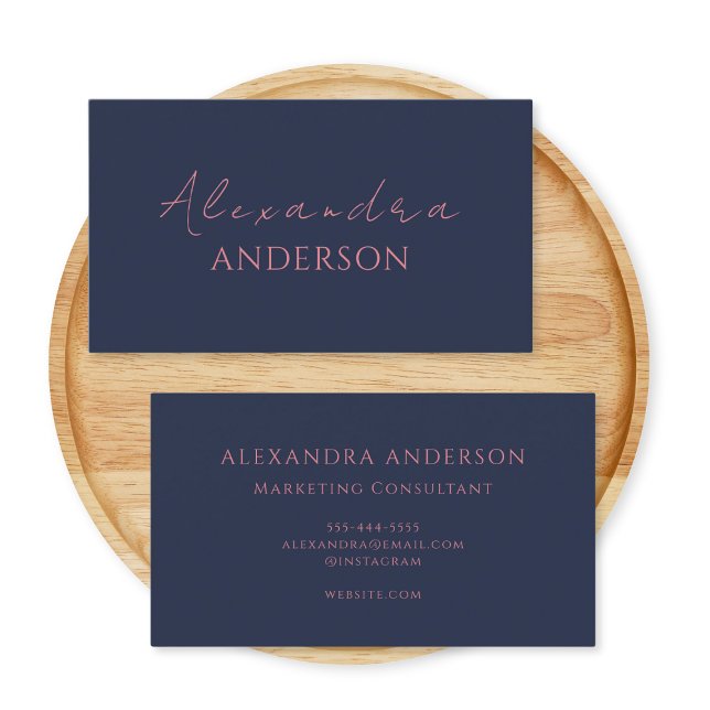 Elegant Modern Navy Blue Pink Minimalist Monogram Business Card (Creator Uploaded)
