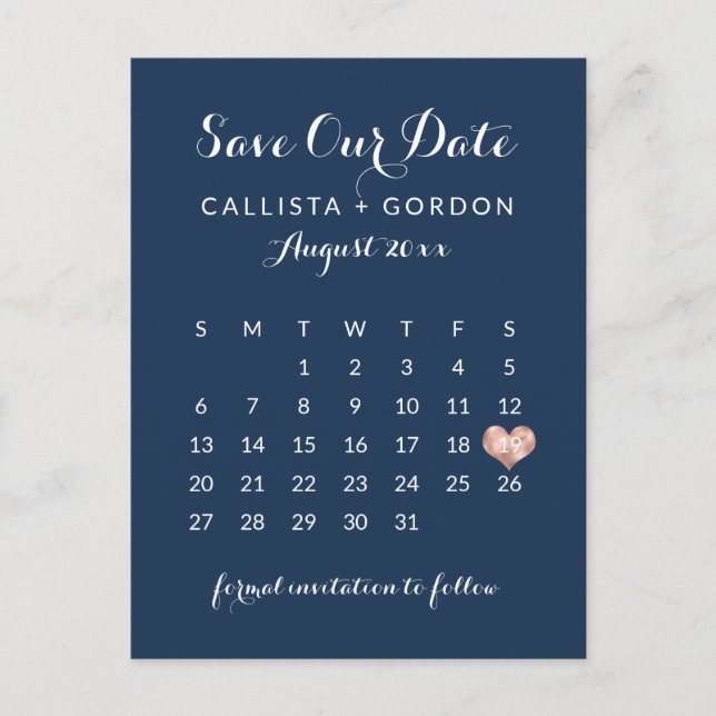 Elegant Modern Navy Blue Rose Gold Heart Calendar Announcement Postcard (Front)