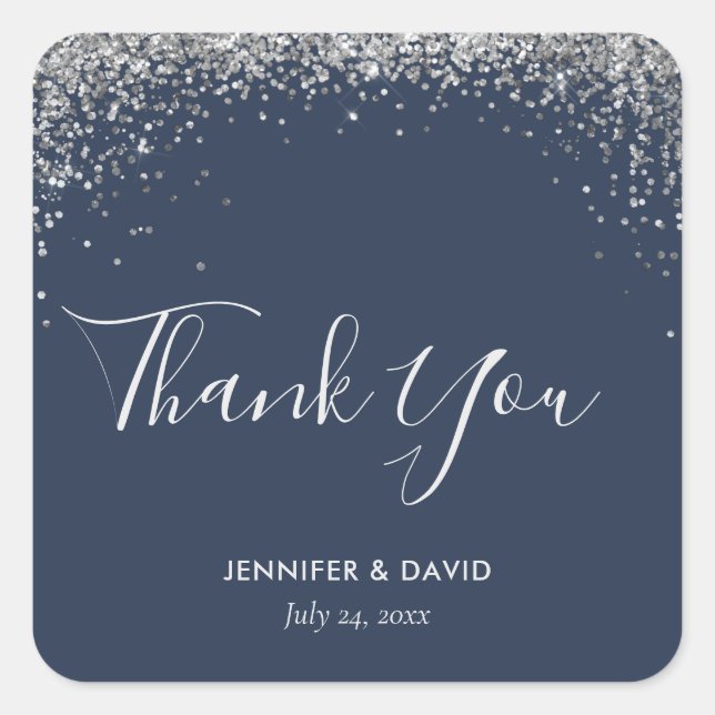 Elegant Modern Navy Blue Silver Glitter Confetti Square Sticker (Front)