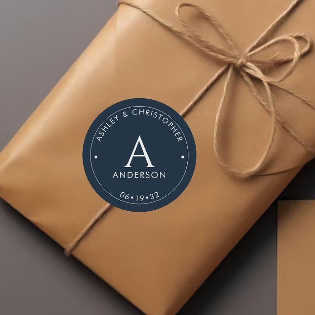 Elegant Modern Navy Blue Wedding Classic Round Sticker (Creator Uploaded)