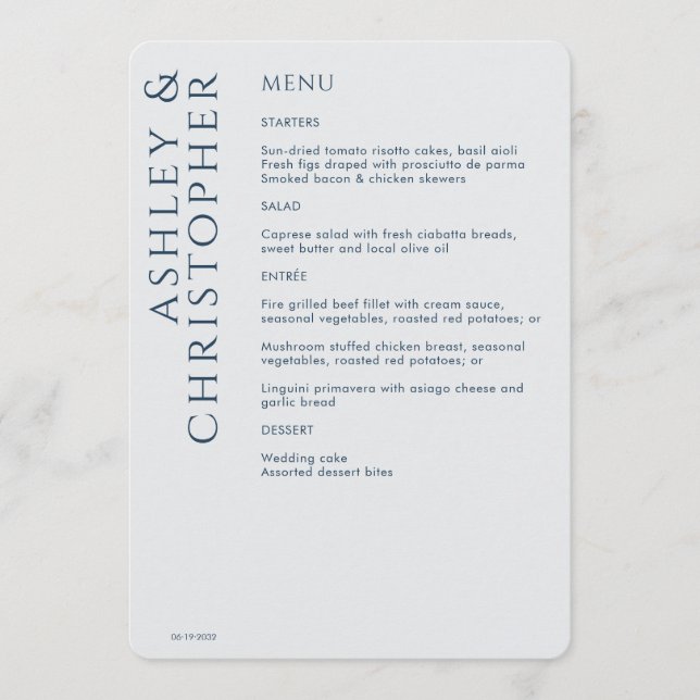 Elegant Modern Navy Blue Wedding Menu (Front)