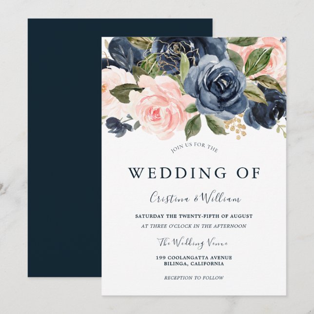 Elegant Modern Navy & Blush All Seasons Wedding Invitation (Front/Back)