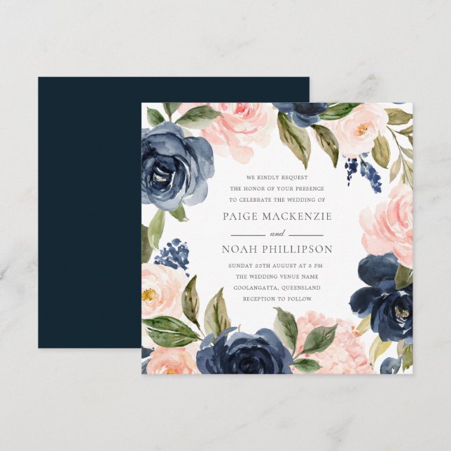 Elegant Modern Navy Blush Watercolor Wedding Invitation (Front/Back)