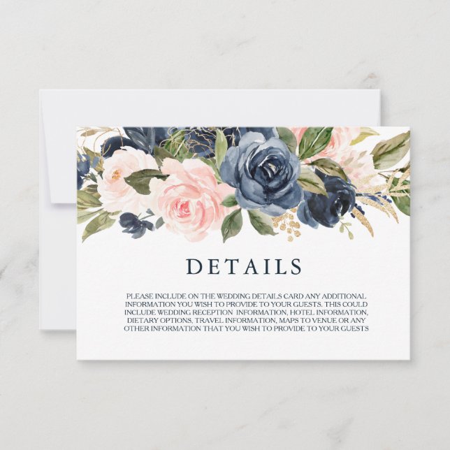 Elegant Modern Navy & Blush Wedding Details Card (Front)
