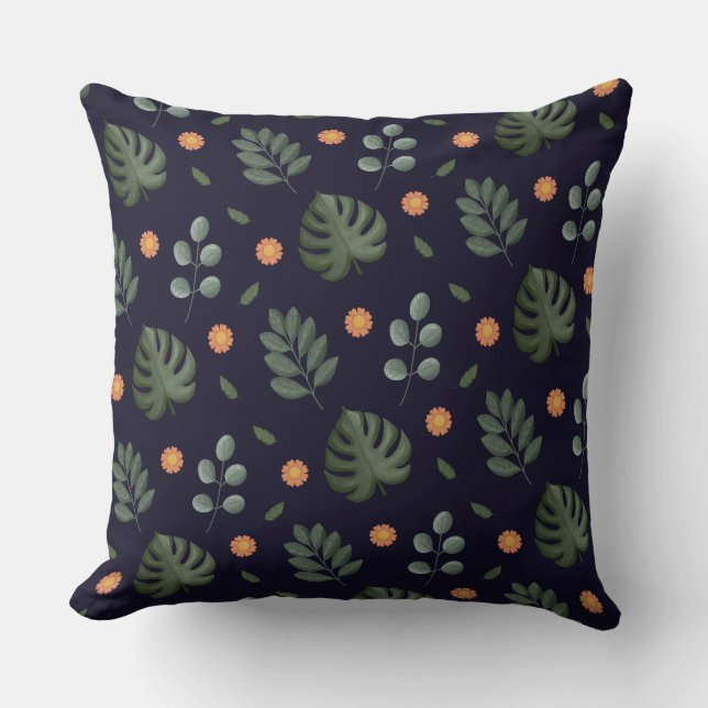 Elegant Modern Navy Botanical Leaf Floral Cushion (Front)
