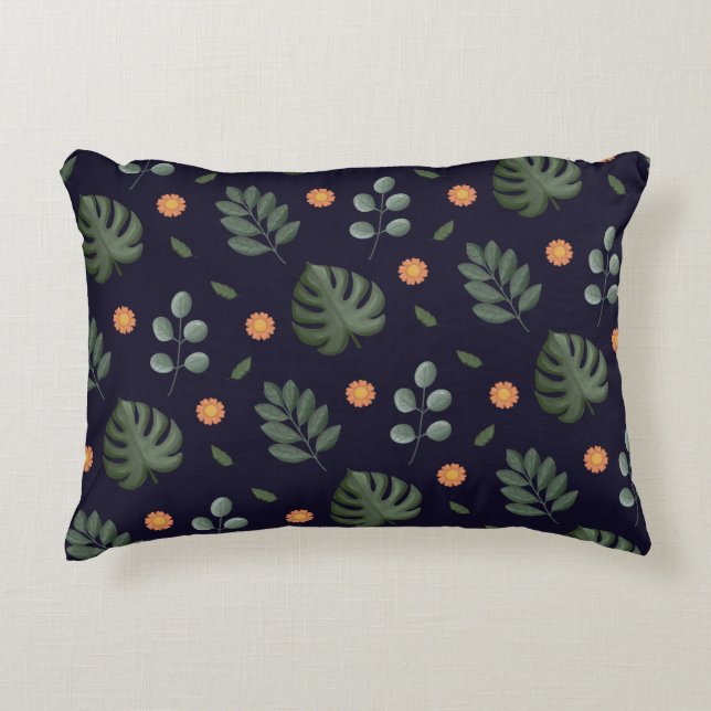 Elegant Modern Navy Botanical Leaf Floral Decorative Cushion (Front)