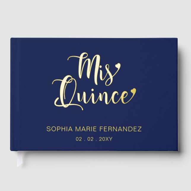 Elegant Modern Navy Gold Photo Quinceañera Guest Book (Front)