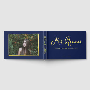 Elegant Modern Navy Gold Photo Quinceañera Guest Book