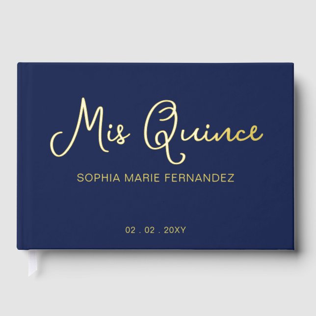 Elegant Modern Navy Gold Quinceañera Guest Book (Front)