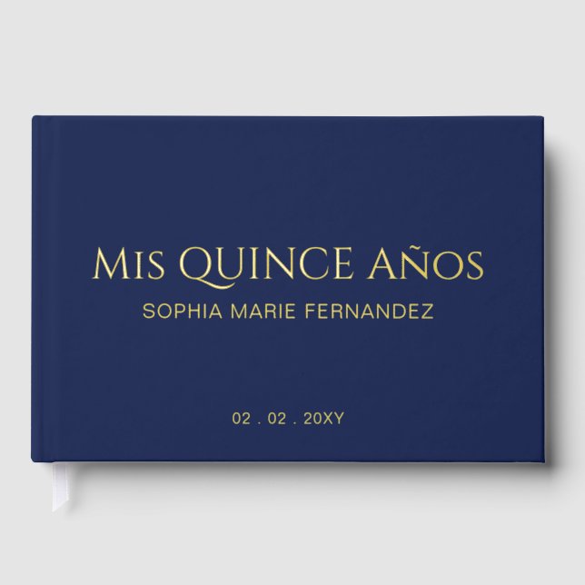 Elegant Modern Navy Gold Quinceañera Guest Book (Front)