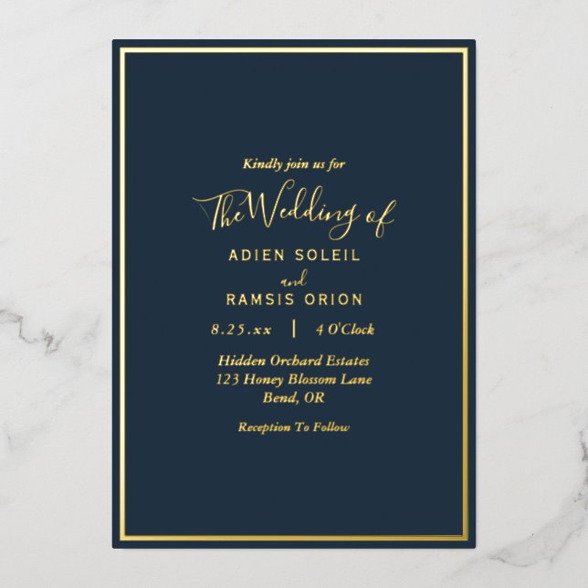 Elegant Modern Navy Gold Wedding Foil Invitation (Front)