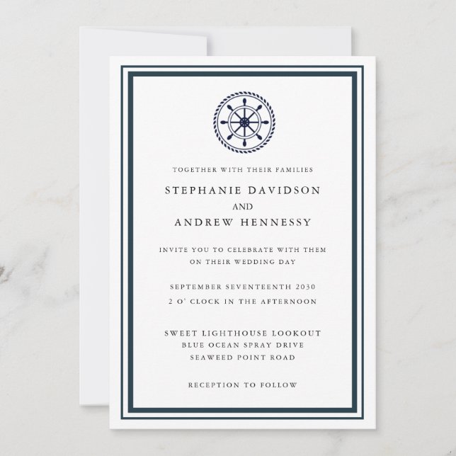 Elegant Modern Navy Nautical Minimalist Blue Invitation (Front)