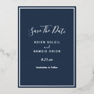 Elegant Modern Navy Silver Foil Save The Date Card