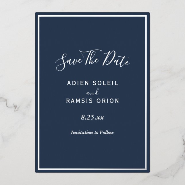 Elegant Modern Navy Silver Foil Save The Date Card (Front)