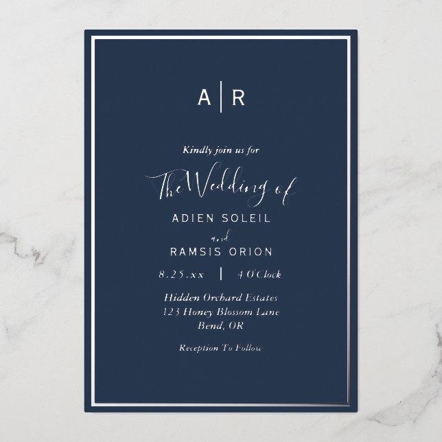 Elegant Modern Navy Silver Monogram Wedding (Front)