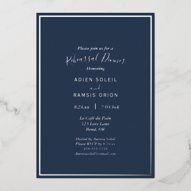 Elegant Modern Navy Silver Rehearsal Dinner (Front)