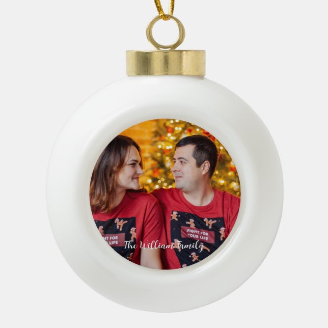 Elegant Modern Newly Wed First Christmas Photo Ceramic Ball Christmas Ornament (Front)