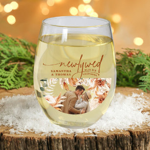 Elegant Modern Newlyweds Arch Terracotta Photo  Stemless Wine Glass