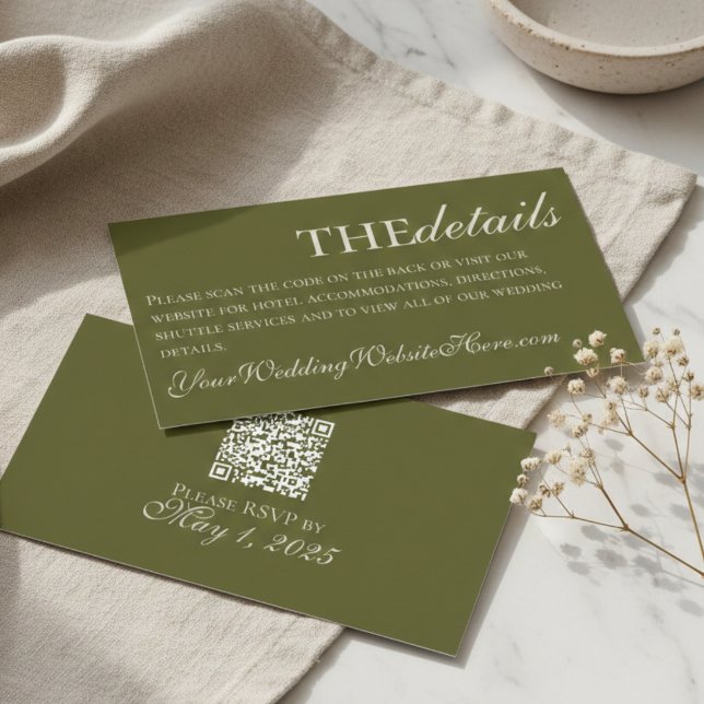 Elegant Modern Olive Green Monogram Wedding  Enclosure Card (Rustic Green QR Wedding Details Enclosure Card
)