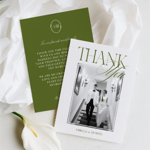Elegant Modern Olive Green Photo Wedding Thank You Card