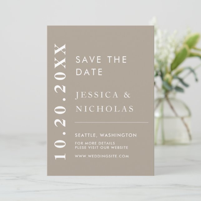 Elegant Modern Olive Grey Minimalist Wedding Save The Date (Standing Front)