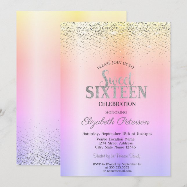 Elegant Modern Ombre, Confetti Sweet 16 Invitation (Front/Back)