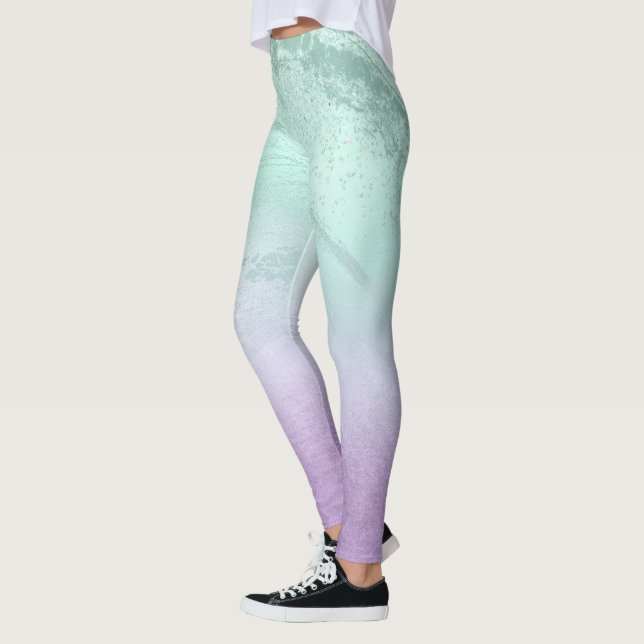 Elegant modern ombre purple & mint glitter marble leggings (Left)