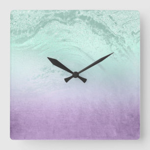 Elegant modern ombre purple & mint glitter marble square wall clock