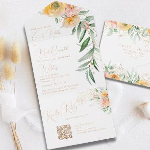 Elegant Modern Orange Yellow Watercolor Floral All In One Invitation