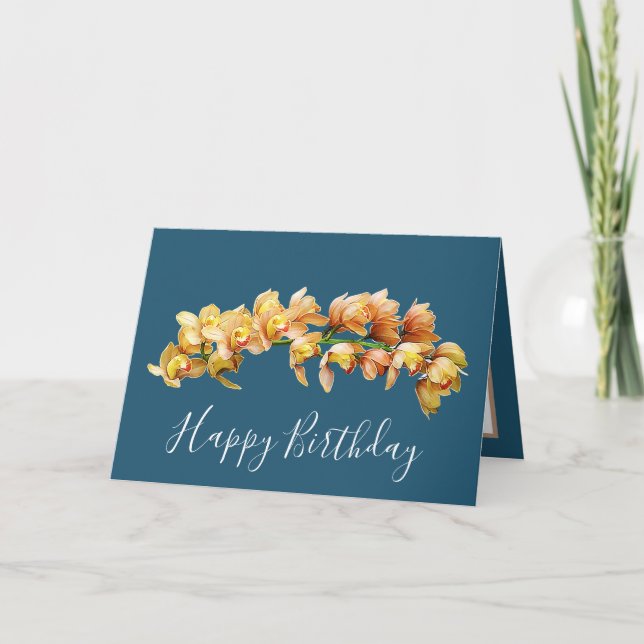 Elegant Modern Orchids Cyan Back Flower Birthday Card (Front)