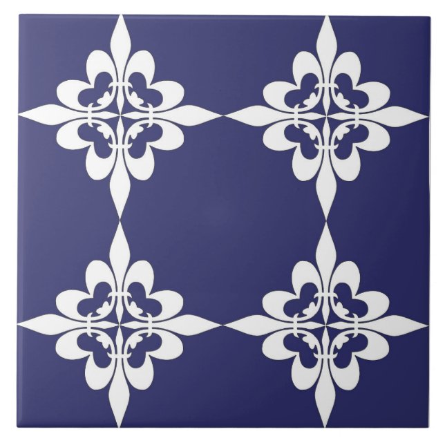 Elegant, modern, ornamental, navy blue, white tile (Front)