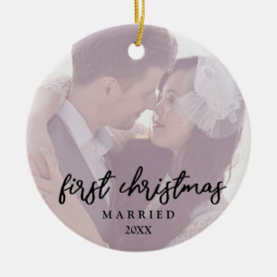 Elegant modern our first Christmas married photo Ceramic Tree Decoration