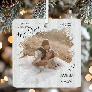Elegant Modern Our First Christmas Married Photo  Metal Tree Decoration