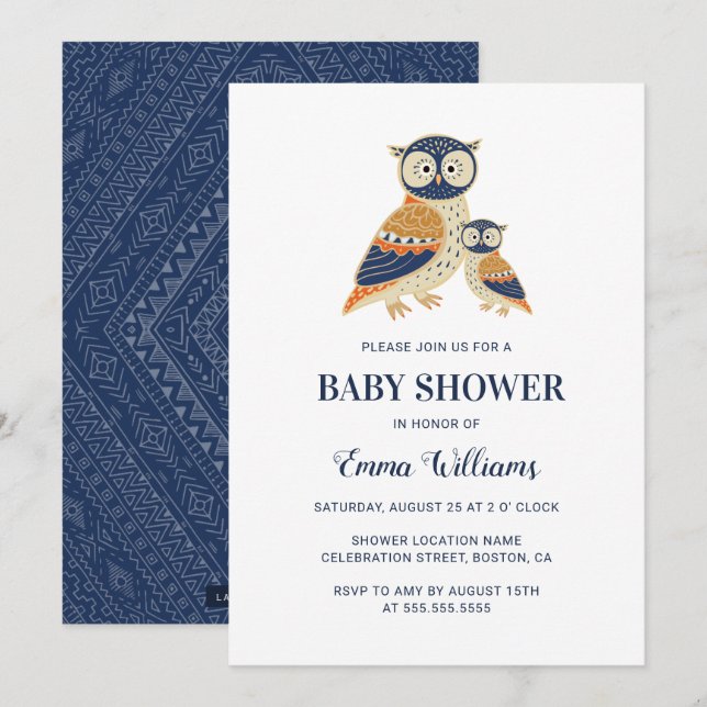 Elegant Modern Owl Baby Shower Invitation - Tribal (Front/Back)