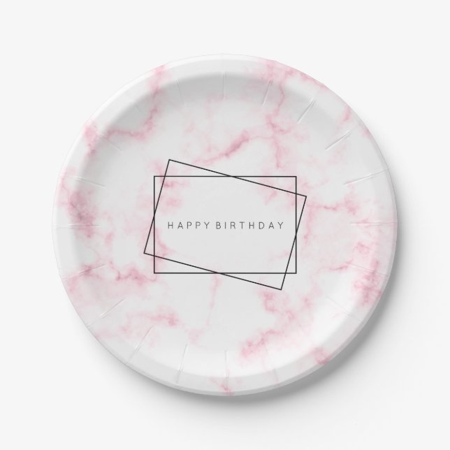 elegant modern pastel pink and white faux marble paper plate (Front)