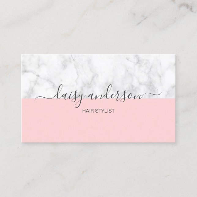 Elegant modern pastel pink & marble hair stylist business card (Front)