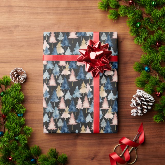 Elegant Modern Peach Black Christmas Trees Pattern Wrapping Paper (Holiday Gift)