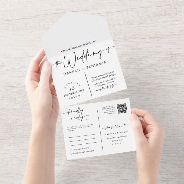 Elegant Modern Peach Fizz Boho Arch QR Code Photo  All In One Invitation (Tearaway)