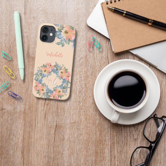 Elegant Modern Peach Floral Wreath Monogram M iPhone Case (Creator Uploaded)