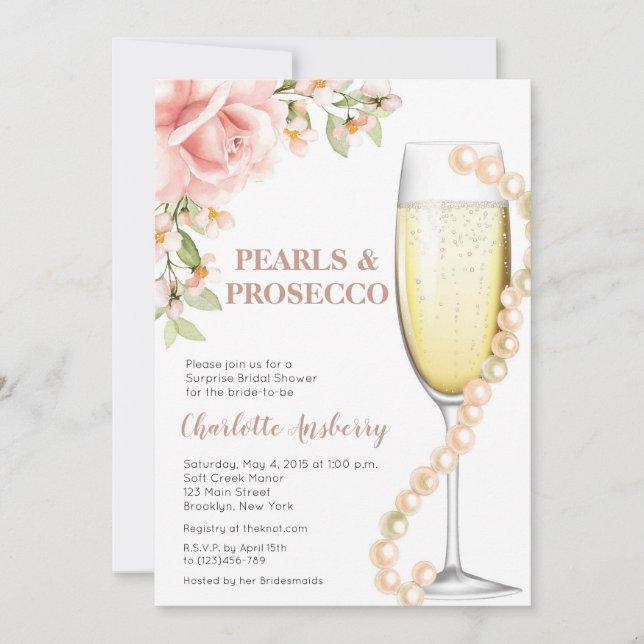 Elegant Modern Pearls and Prosecco Bridal Shower Invitation (Front)