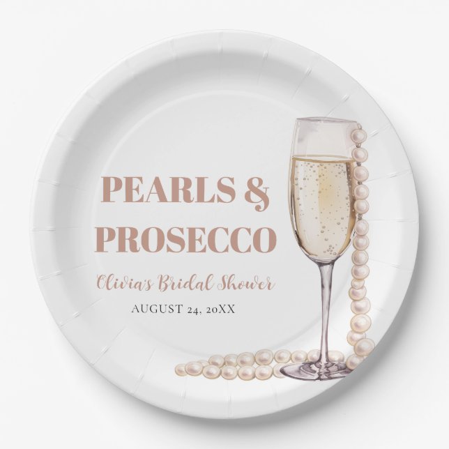 Elegant Modern Pearls and Prosecco Bridal Shower Paper Plate (Front)