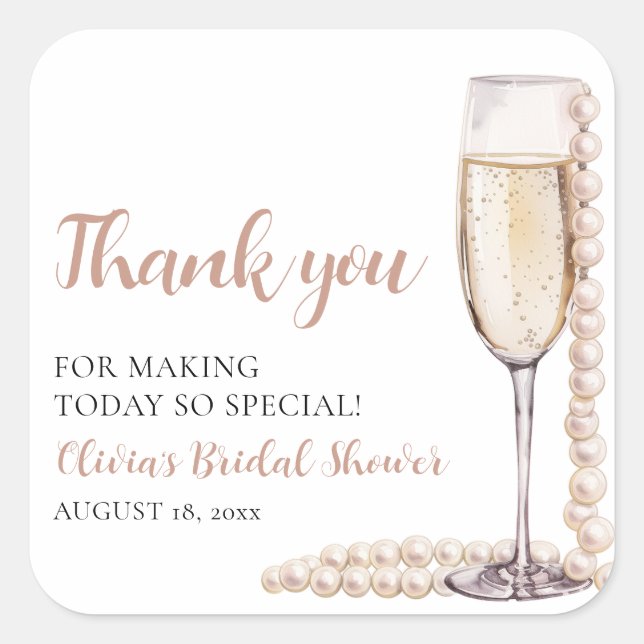 Elegant Modern Pearls and Prosecco Bridal Shower Square Sticker (Front)