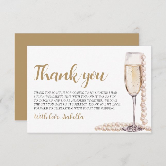 Elegant Modern Pearls and Prosecco Bridal Shower Thank You Card (Front/Back)