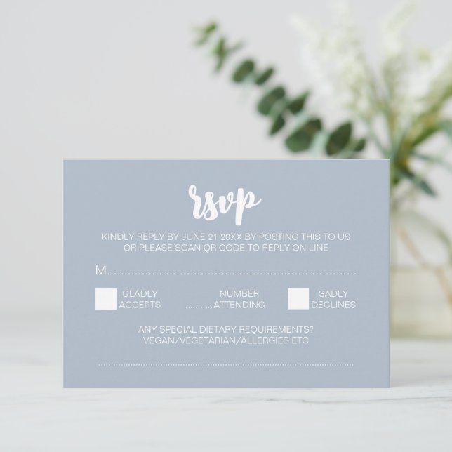 Elegant Modern Peonies Blue Wedding QR Code RSVP Enclosure Card (Standing Front)