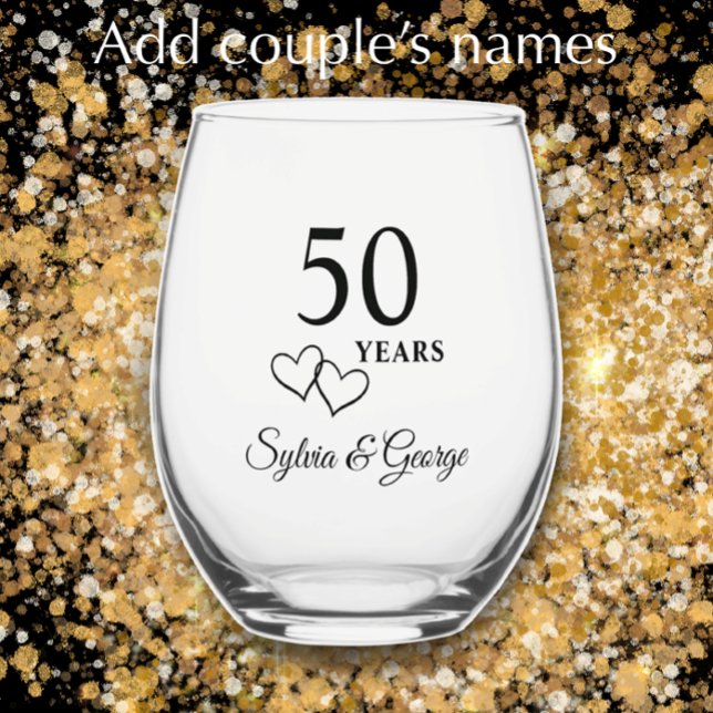 Elegant Modern Personalised 50th Anniversary Gift Stemless Wine Glass (Add couple’s names for personalized 50th anniversary commemorative glass. Elegant gift glass.
)