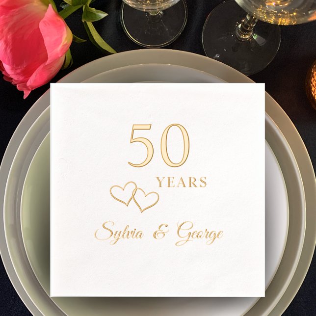 Elegant Modern Personalised 50th Anniversary Party Foil Napkins (Add couple’s names for a personalized gold foil 50th anniversary party napkin. Simple elegant hearts)