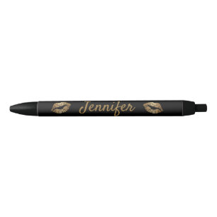 elegant modern personalised gold black lips black ink pen